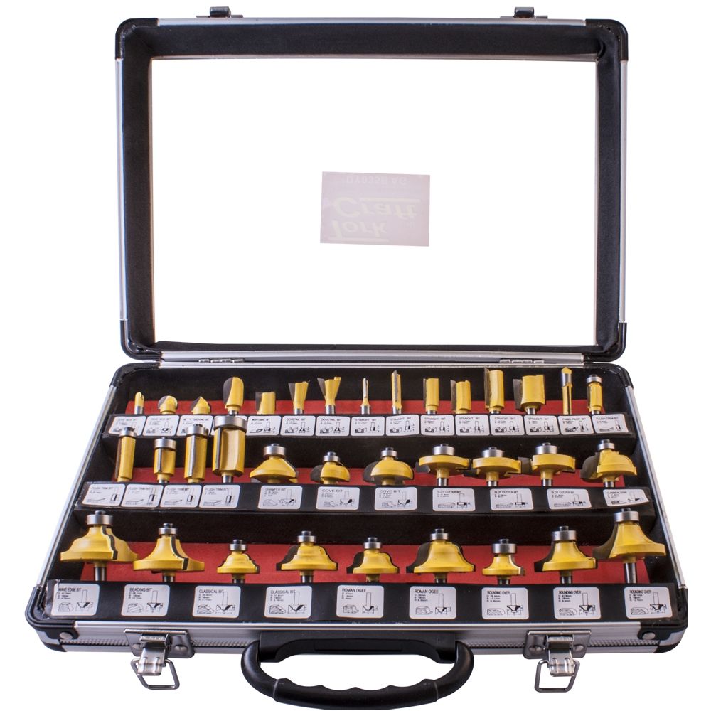 Tork Craft Router Bit Set 35Piece Aluminium Case Glass Front 1/4 Shank