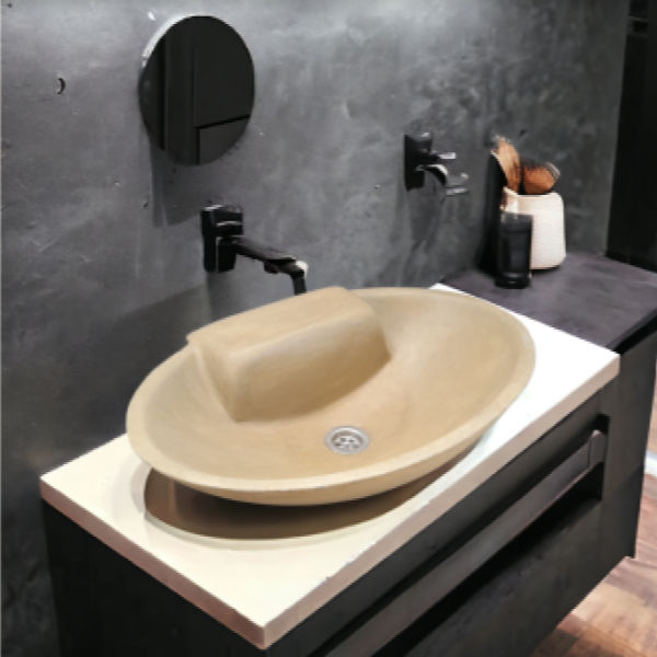 Sandstone Concrete Oval Basin with mini shelf 50 x 38 x 13cm