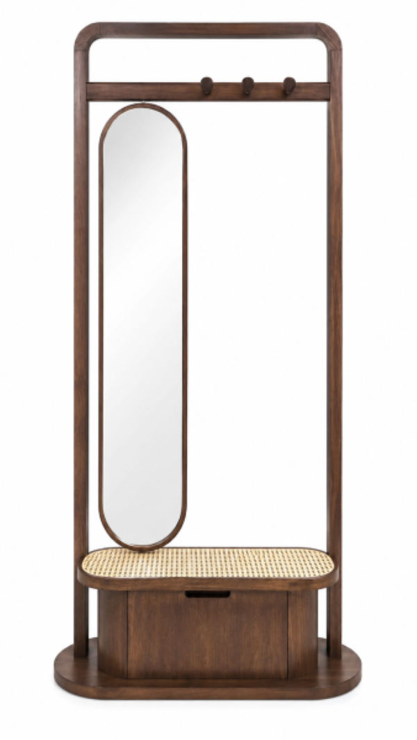 Ziyane Multifunctional Solid Wood Hall Tree with Mirror & Shoe Storage