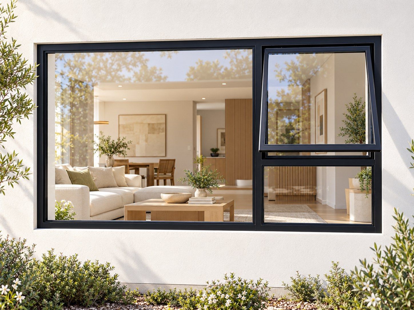 Kenzo Premium Top-Hung Aluminium Window - Black, 2100 900 mm, Right Upper Opener with Fixed Lower and Side Panes, Clear Glass