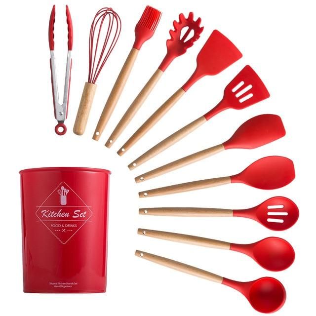 12 Piece Silicone Kitchen Utensils - Red
