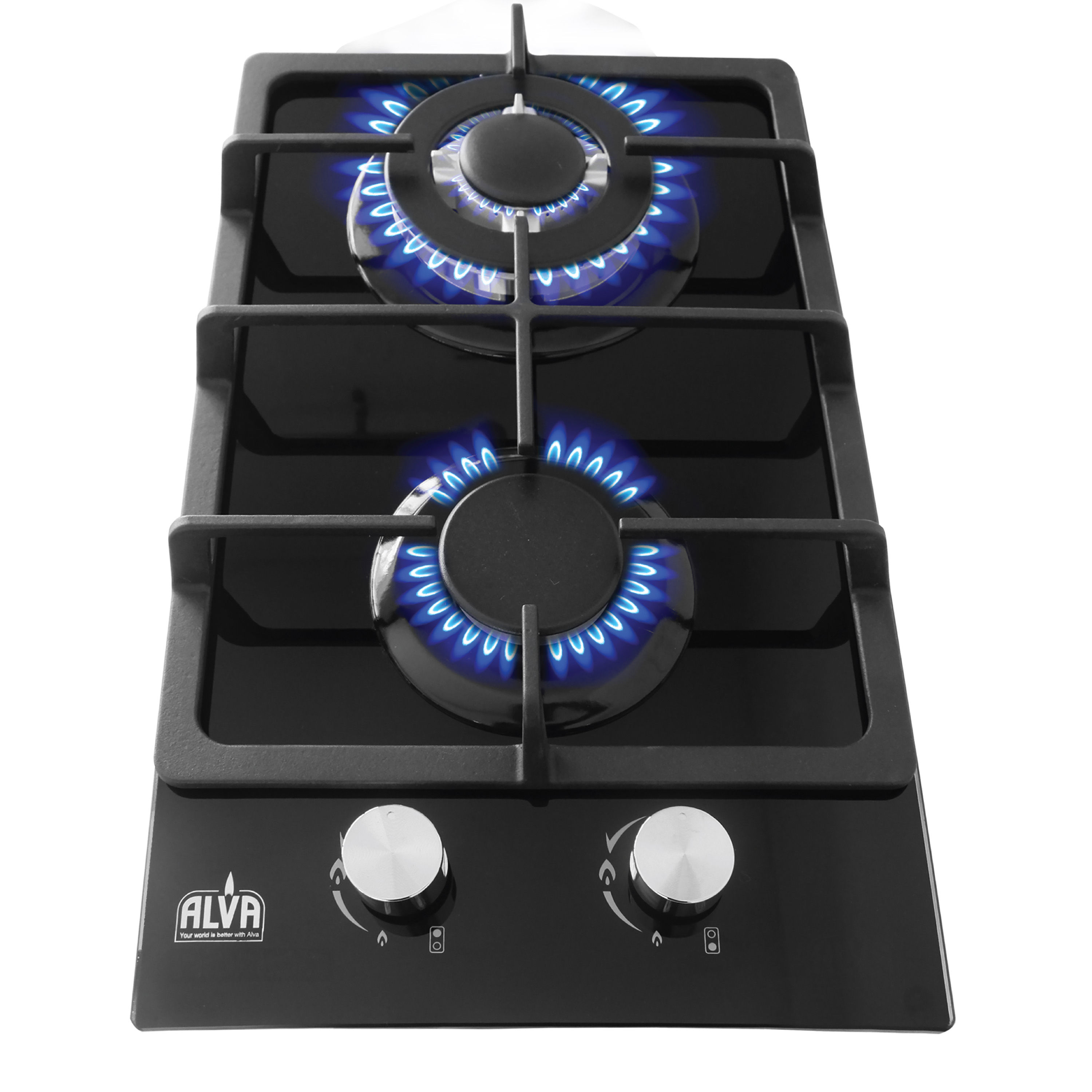 ALVA 30cm 2-Burner Gas Hob Black Glass Top Electronic Ignition LPGSA Certified 12 Month Warranty