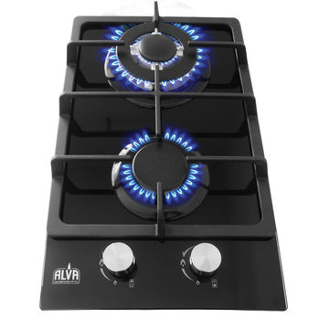 ALVA 30cm 2-Burner Gas Hob Black Glass Top Electronic Ignition LPGSA Certified 12 Month Warranty