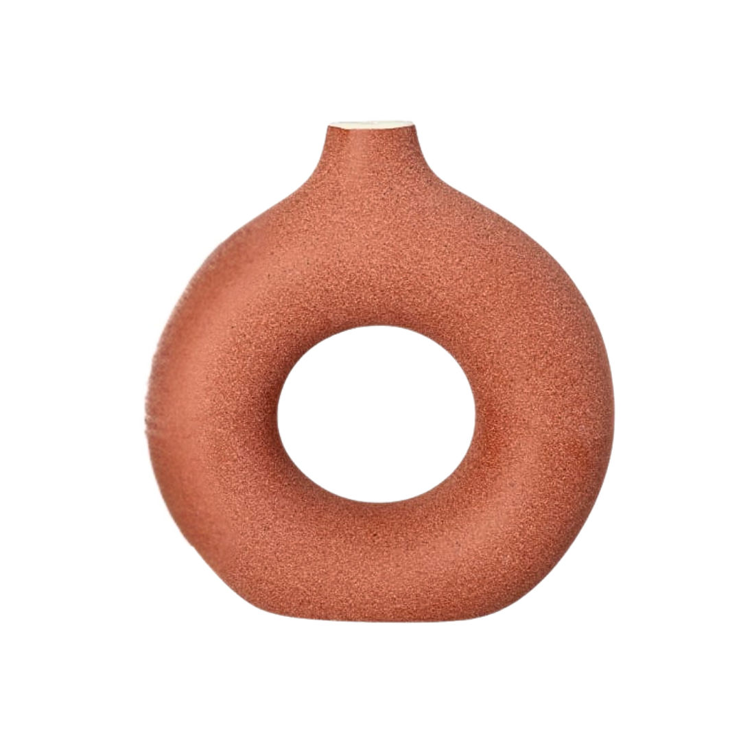 Danny Home Modern Ceramic Donut Flower Vase (21.5 x 9 x 22.7cm) – Textured Matte Terracotta Rust