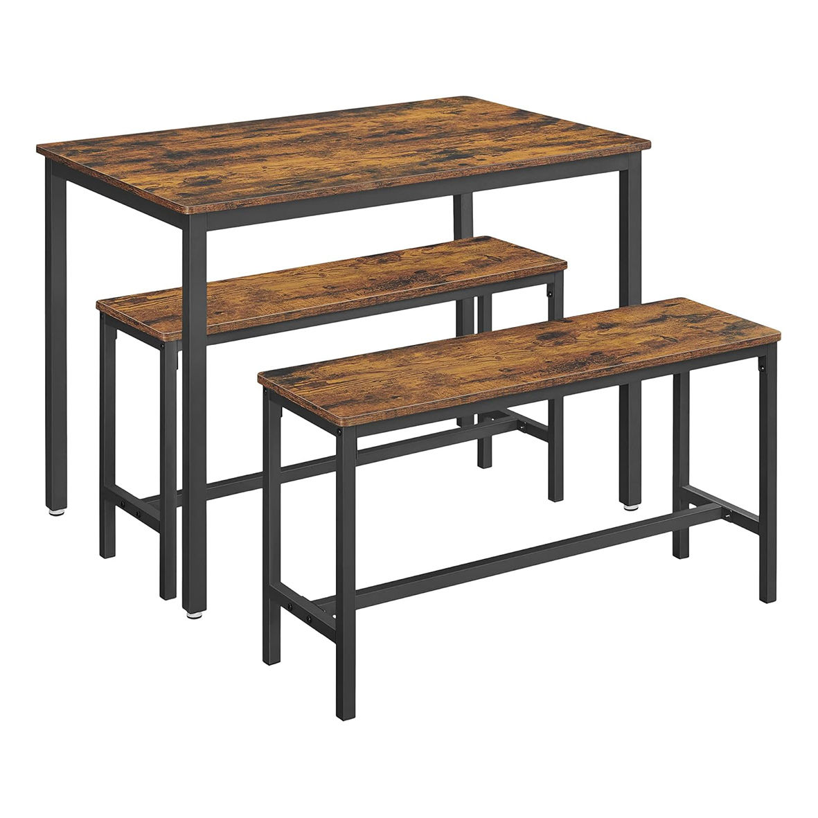 Rustic Table with 2 Benches - Dining Set for 4, Wood & Metal