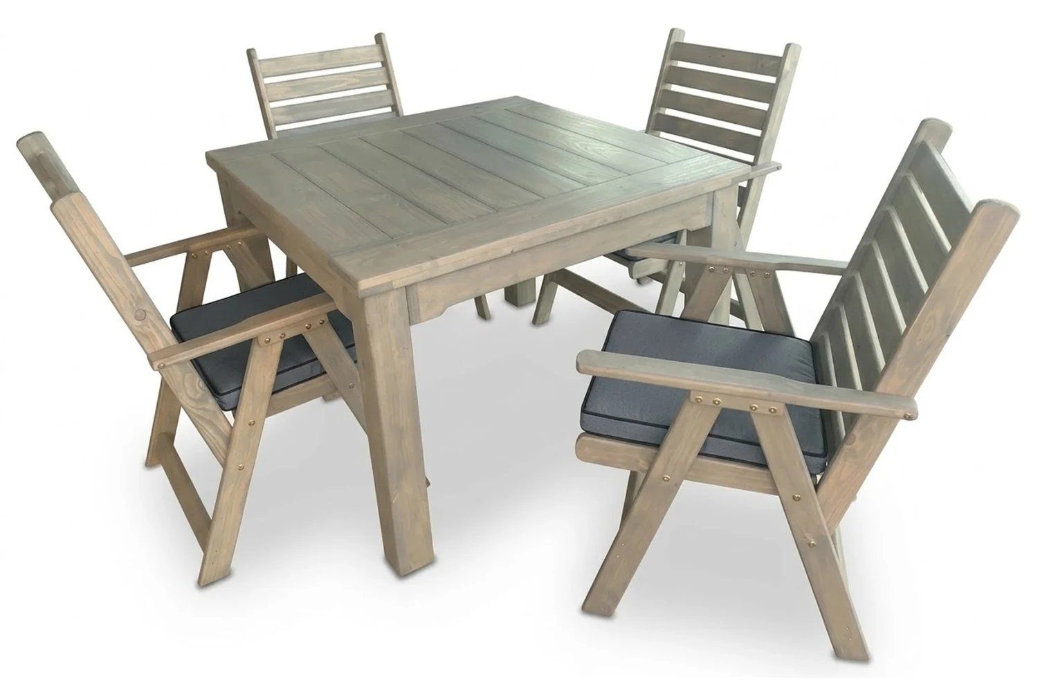Aged Pine Patio Dining Set 4-Seater 1100mm x1 Table x4 Highback Chairs Charcoal Seat Cushions (Undercover Only)