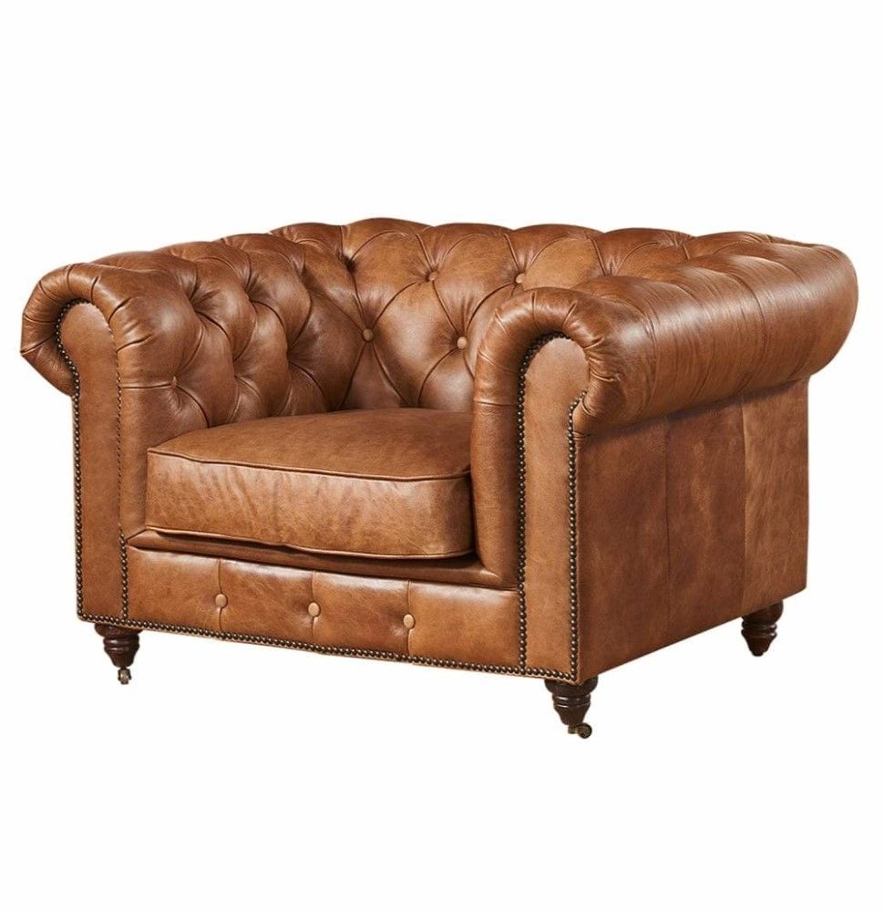 Fio Chesterfield Brown Euro Leather 1 Seater Sofa Couch (Soft) - Brown
