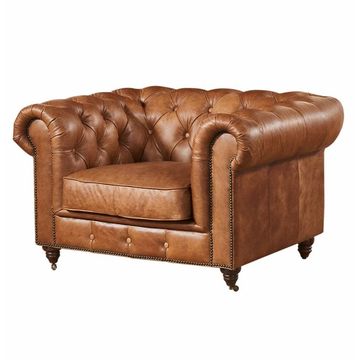 Fio Chesterfield Brown Euro Leather 1 Seater Sofa Couch (Soft) - Brown