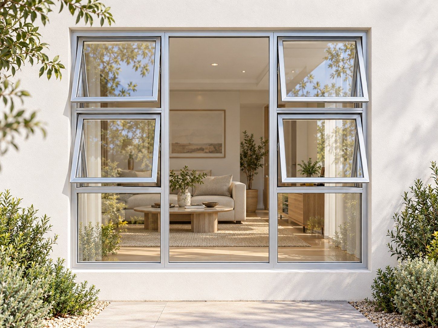 Kenzo Premium Top-Hung Aluminium Window - Silver, 1800 1800 mm, Four Openers with Fixed Centre and Lower Panes, Clear Glass