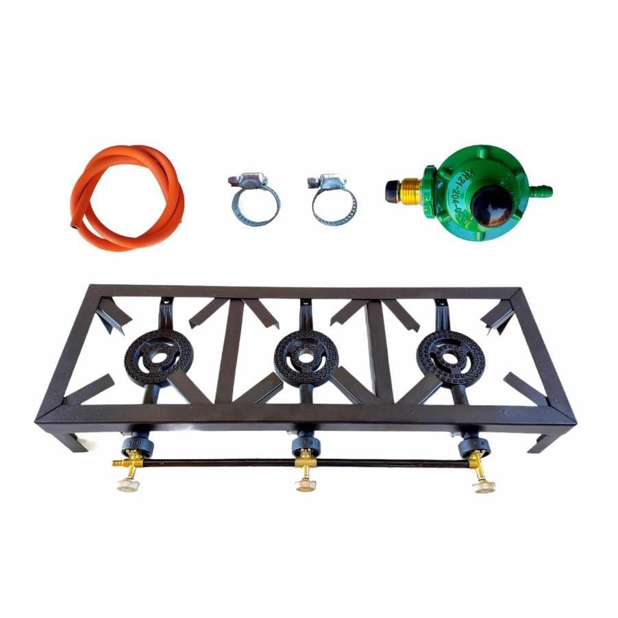 3 Burner, Triple Gas Burner, 4 Legged with Hose And Regulator Set
