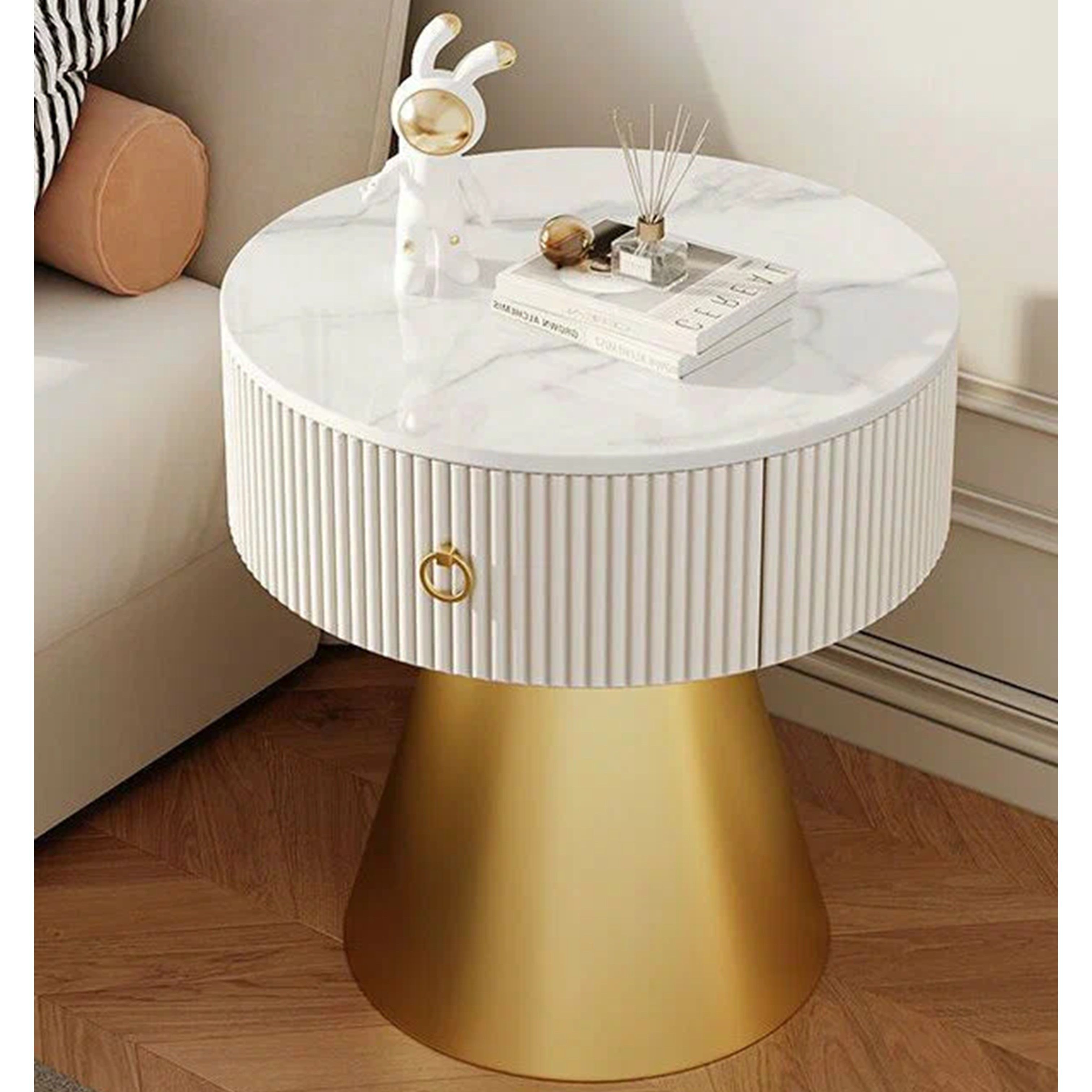 Madiega Furniture - Ivory Fluted Marble Top with Gold‑Base Side Table