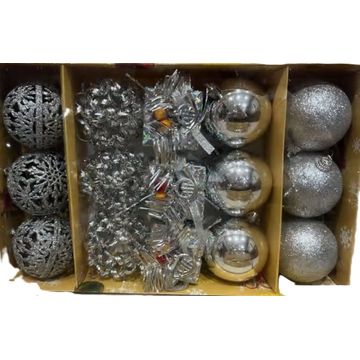 Christmas Tree Ornaments Set, 15 Pieces, Gold Glitter Baubles with Pine and Berry Decorations-Silver