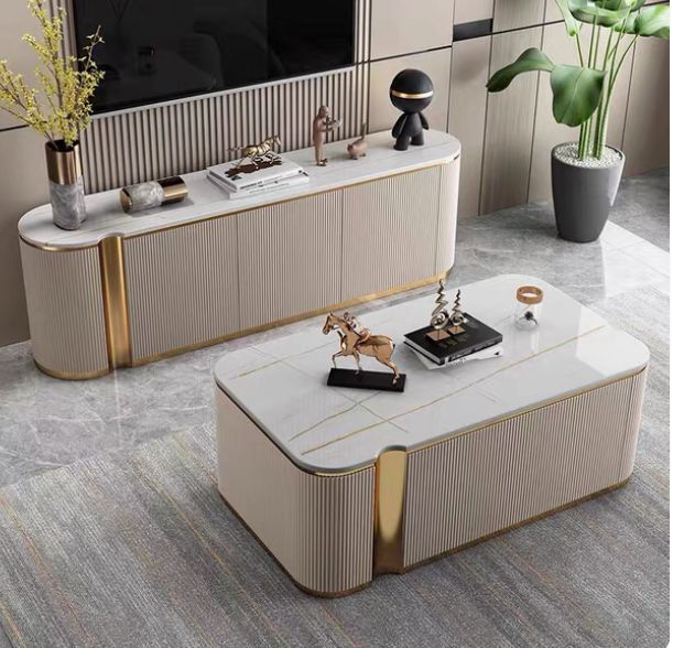 LBM FURN- White & Gold Set Of TV Stand & Coffee Table