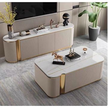 LBM FURN- White & Gold Set Of TV Stand & Coffee Table