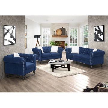 Modern Velvet Chesterfield 3pc sofa set - Navy blue