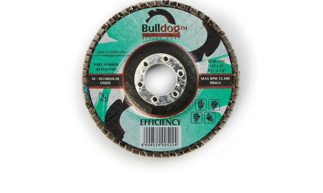 Bulldog Flap Disc, Efficiency, Angled, Alox, P60, 115mm x 22mm (4 pack) BY WOODLY