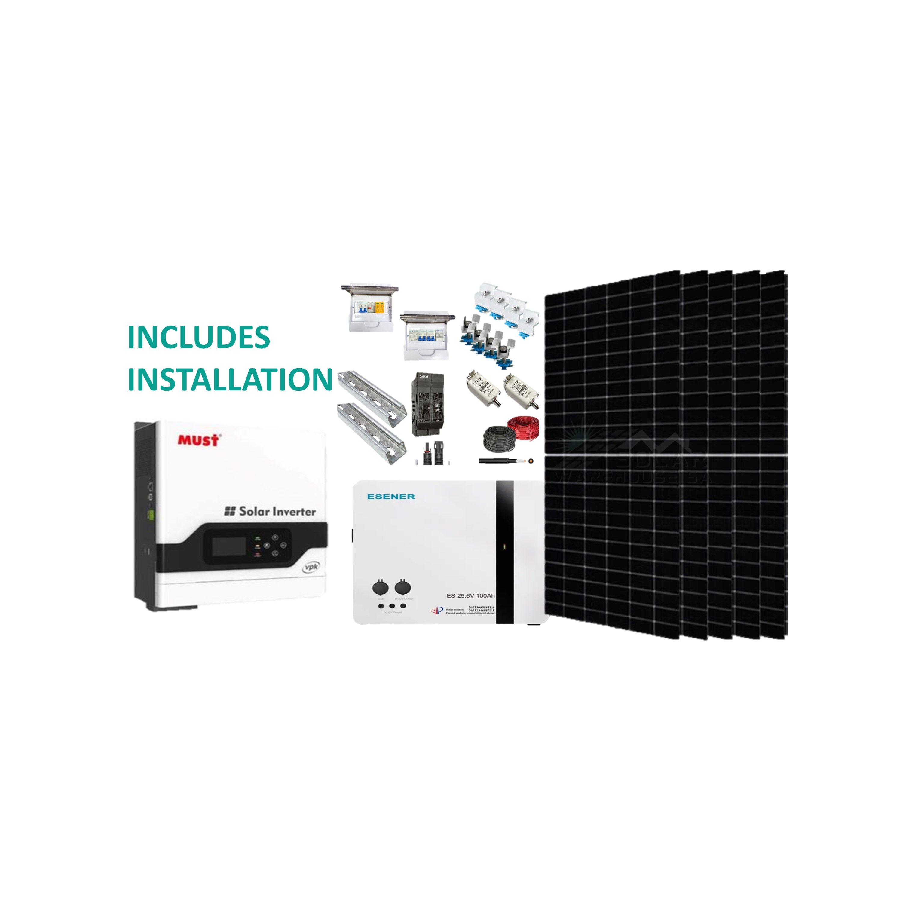 3KW Solar System with 3 x 595W All weather solar panels: 2,56KW Lithium-ion battery, accessories and installation