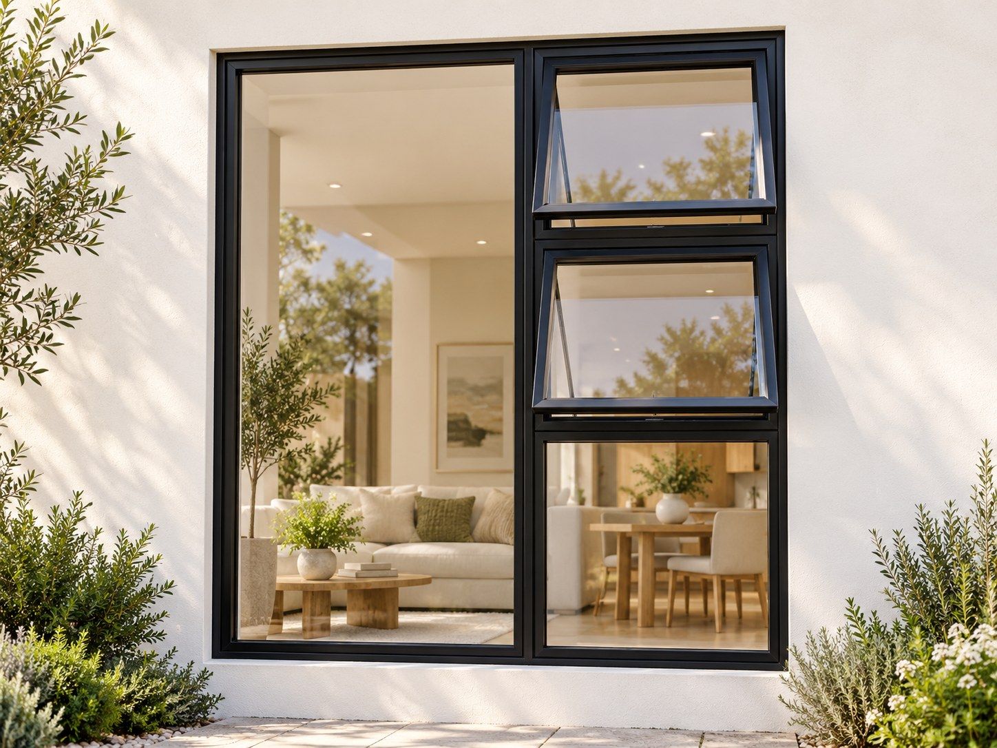 Kenzo Premium Top-Hung Aluminium Window - Black, 1500 1800 mm, Right Two Openers with Fixed Lower and Side Panes, Clear Glass
