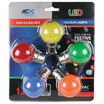230VAC 1W B22 Lamp Ball Type Mixed Colour 5 Pack