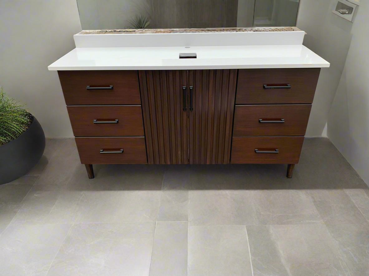 Stained Pine & Rubberwood Bathroom Vanity – 1.5m with White Quartz Top