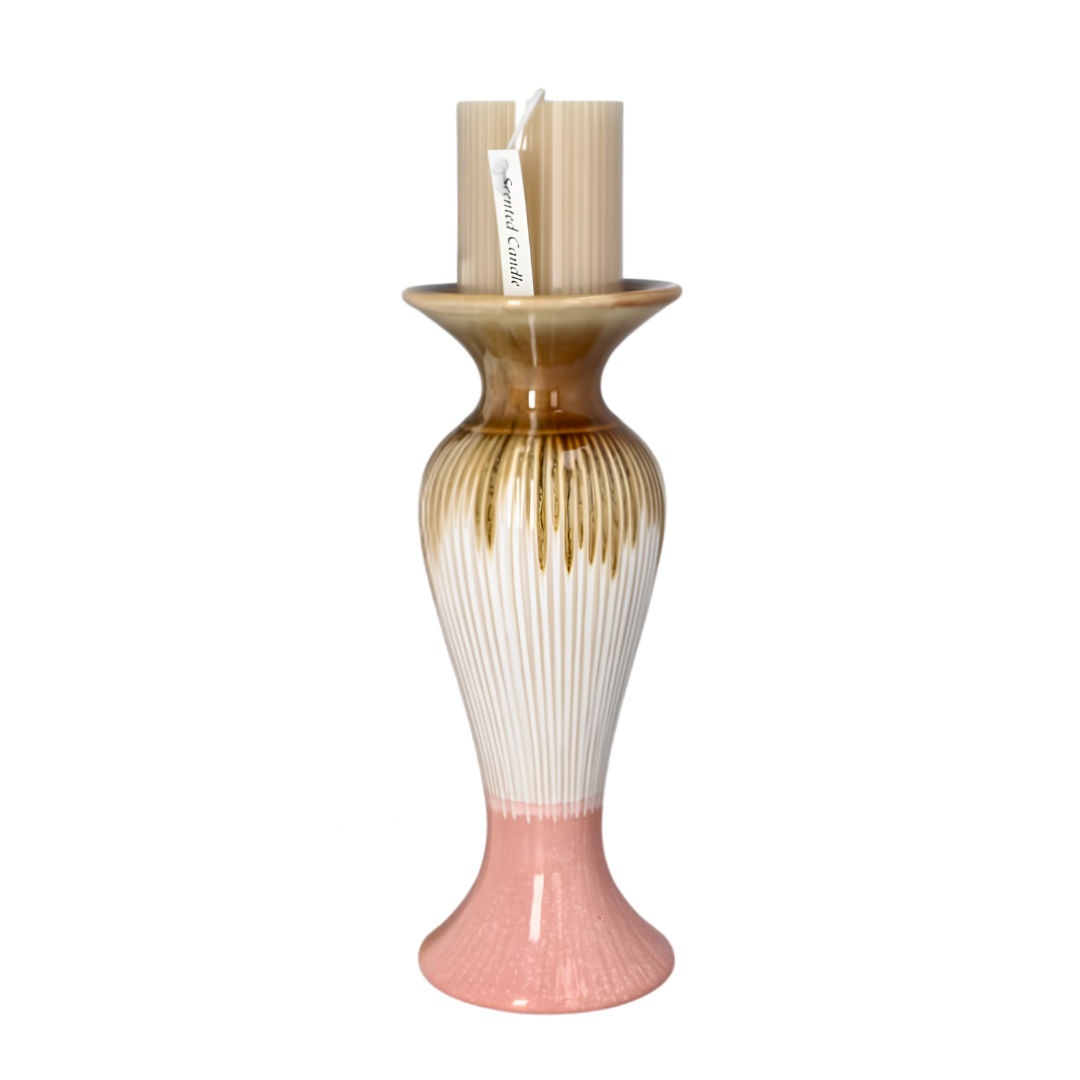 Danny Home Tall Fluted Ceramic Pillar Candle Holder & Flower Vase (10.2 x 10.2 x 28.2cm) – Olive Amber, Cream & Blush Pink
