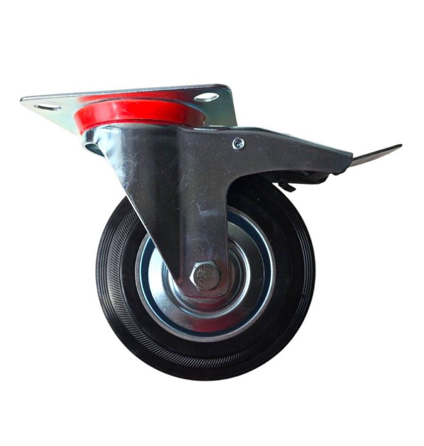 Trolley Wheel - Castor Wheel Rubber 150mm - Swivel - Galvanised Steel Plate - With BRAKE