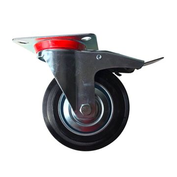 Trolley Wheel - Castor Wheel Rubber 150mm - Swivel - Galvanised Steel Plate - With BRAKE