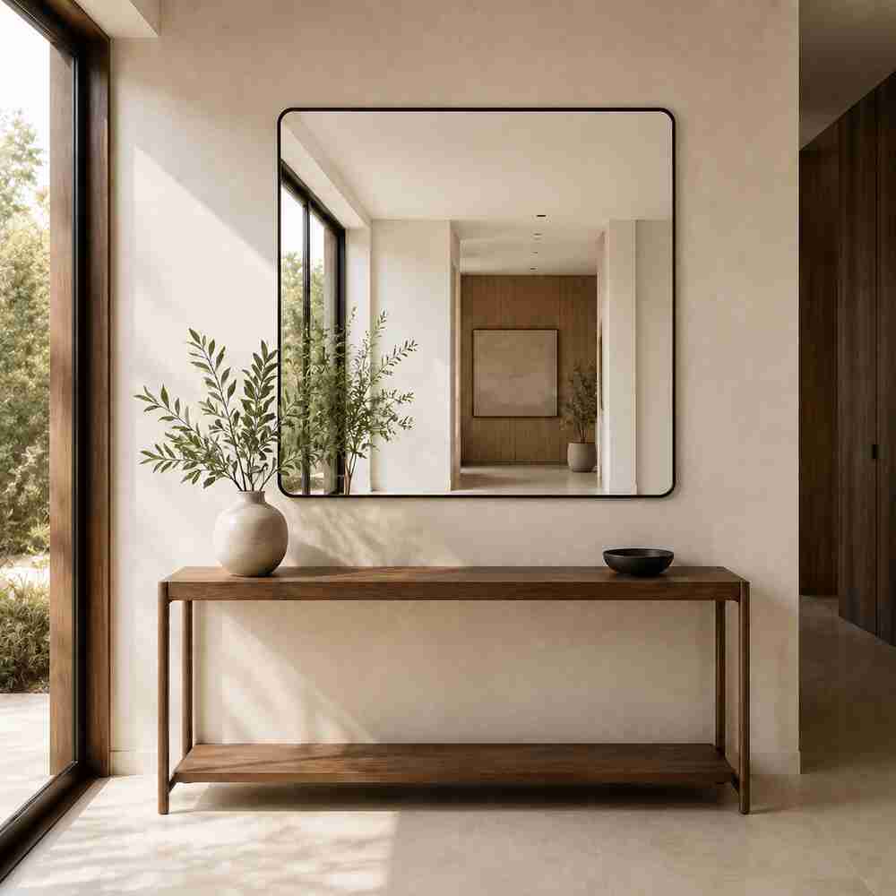 Matt Black Steel Framed Square Mirror 1200mm X 1500mm – Round Corners, Thin Lip Wall Mirror
