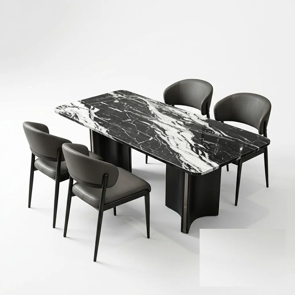 LBM FURN-Modern Dark Marble-Look Dining Table and Chair Set