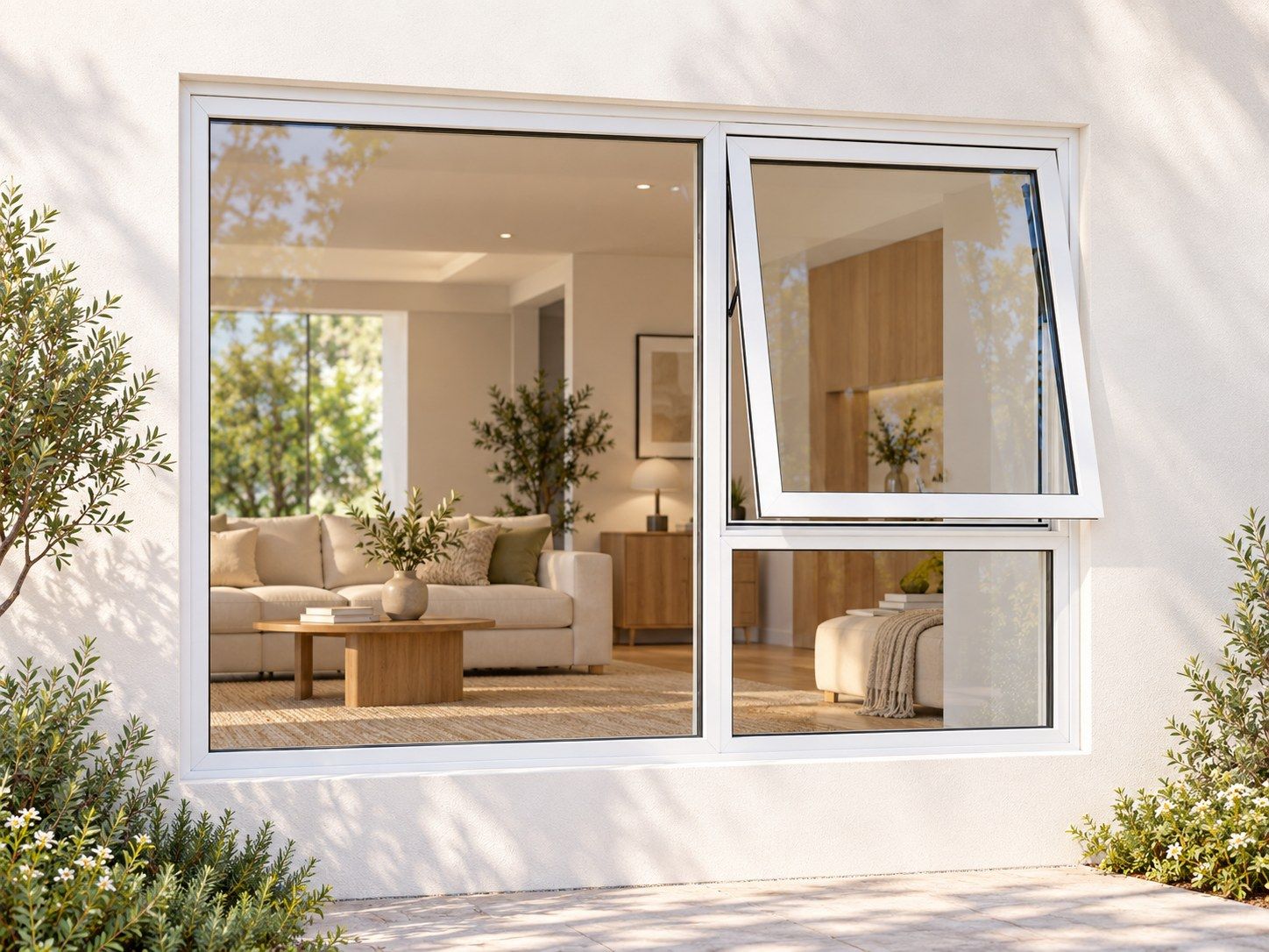 Kenzo Premium Top-Hung Aluminium Window - White, 1500 900 mm, Right Upper Opener with Fixed Lower and Side Panes, Clear Glass
