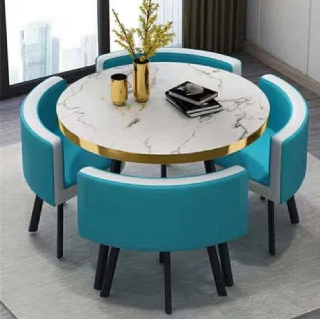 Modern Marble (MDF) Top Round Dining Table and Chairs Set (805-BLU)