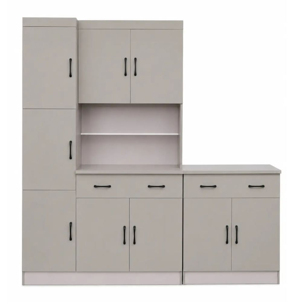 2-Piece High-Gloss Kitchen Cabinet Set with Marble-Effect Finish, Shelves and Drawers