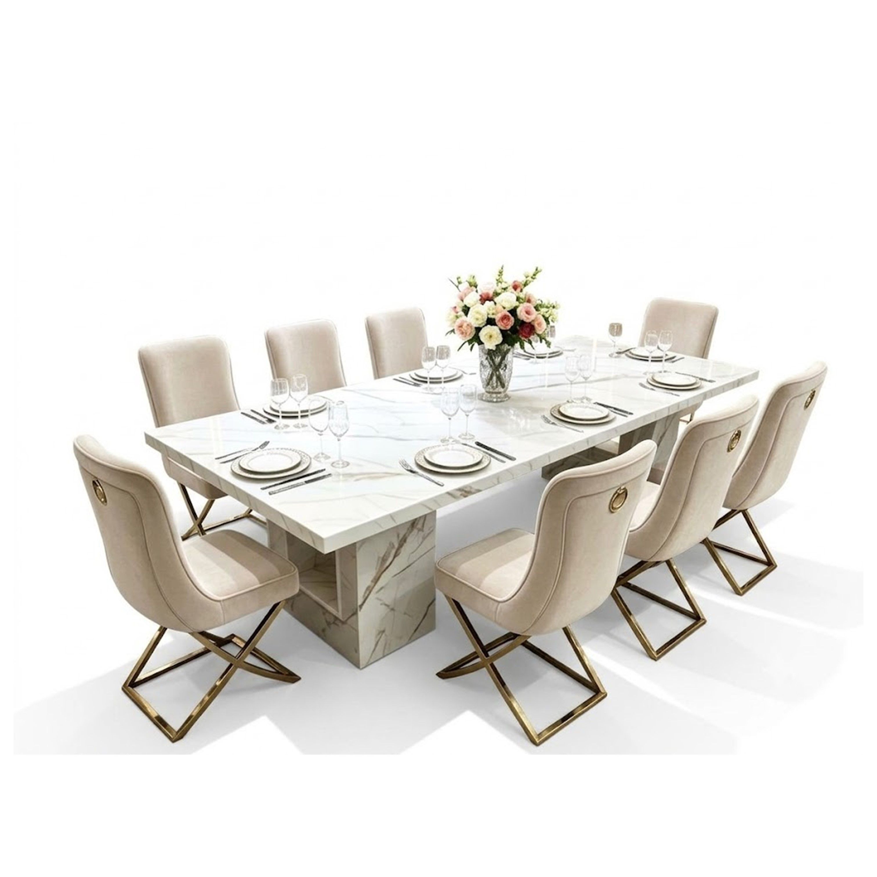 Madiega Furniture - 8-Piece Modern Marble Dining Table Set with Cream Velvet Chairs