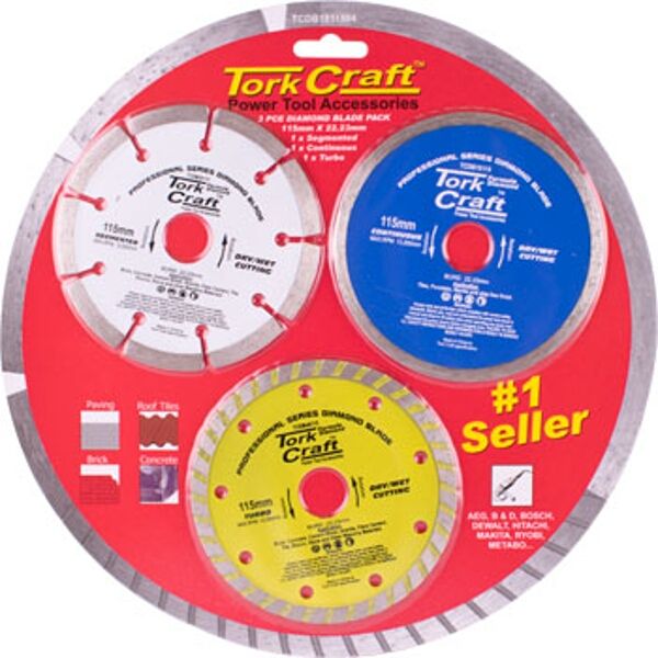 Diamond Blade 3Pce Set 115 Con Seg Turbo Colour Pack