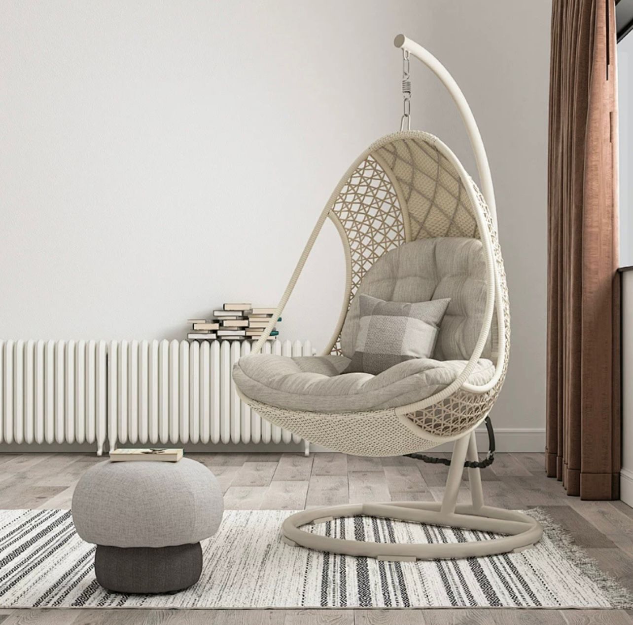 Hanging Egg Chair with Stand, Indoor Rattan Swing Chair, Grey Cushions, Cream Frame
