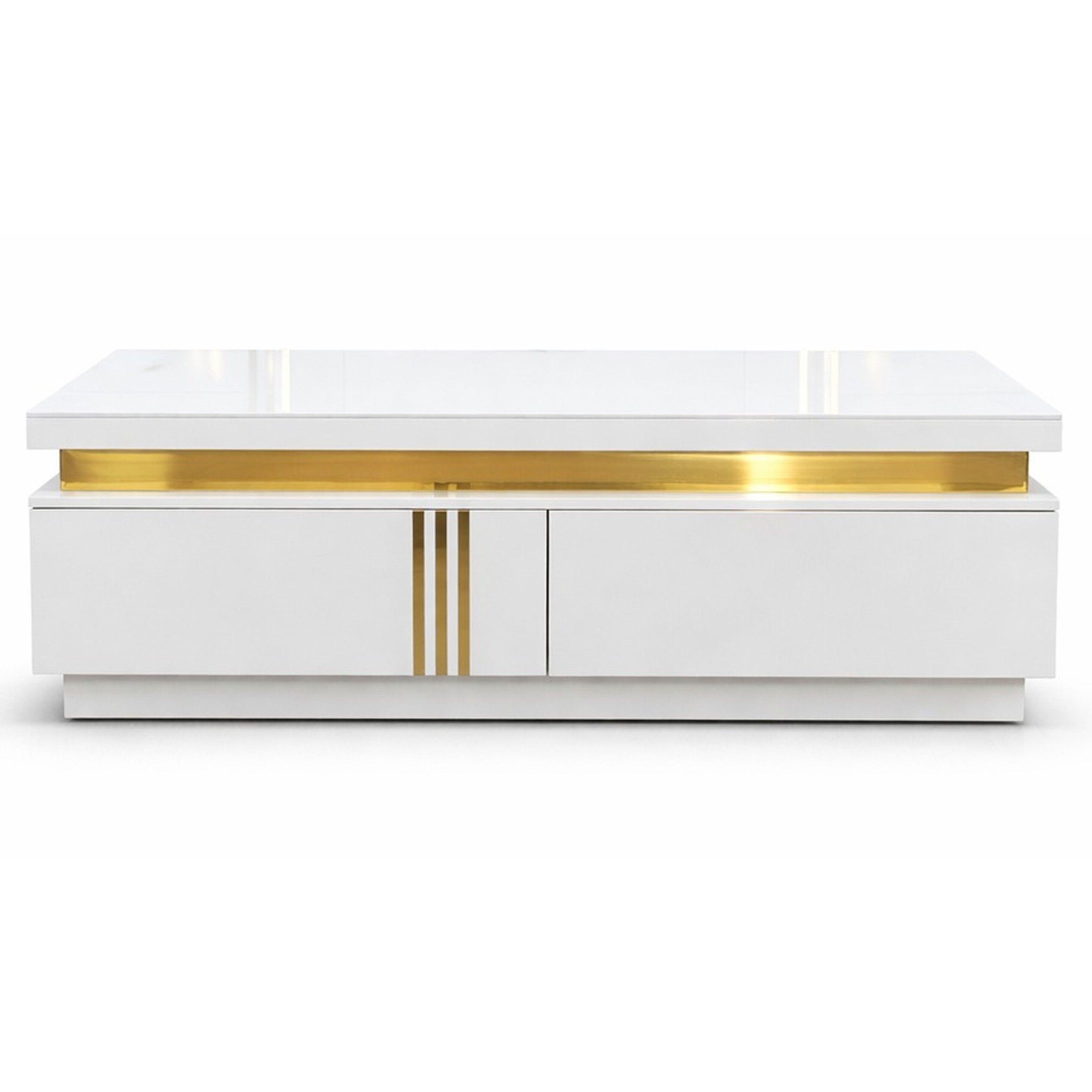 Madiega Furniture - High-Gloss White Coffee Table with Gold Recessed Trim & Dual Storage Drawers