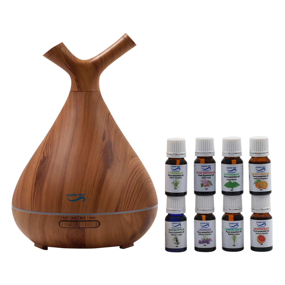 Crystal Aire Sapling Dual Nozzle LED Ultrasonic Aroma Diffuser with 8 Essential Oil Pack (Eucalyptus, Lavander, Citronella, Rose Geranium, Lemongrass, Sweet Orange, Grapefruit & Peppermint)