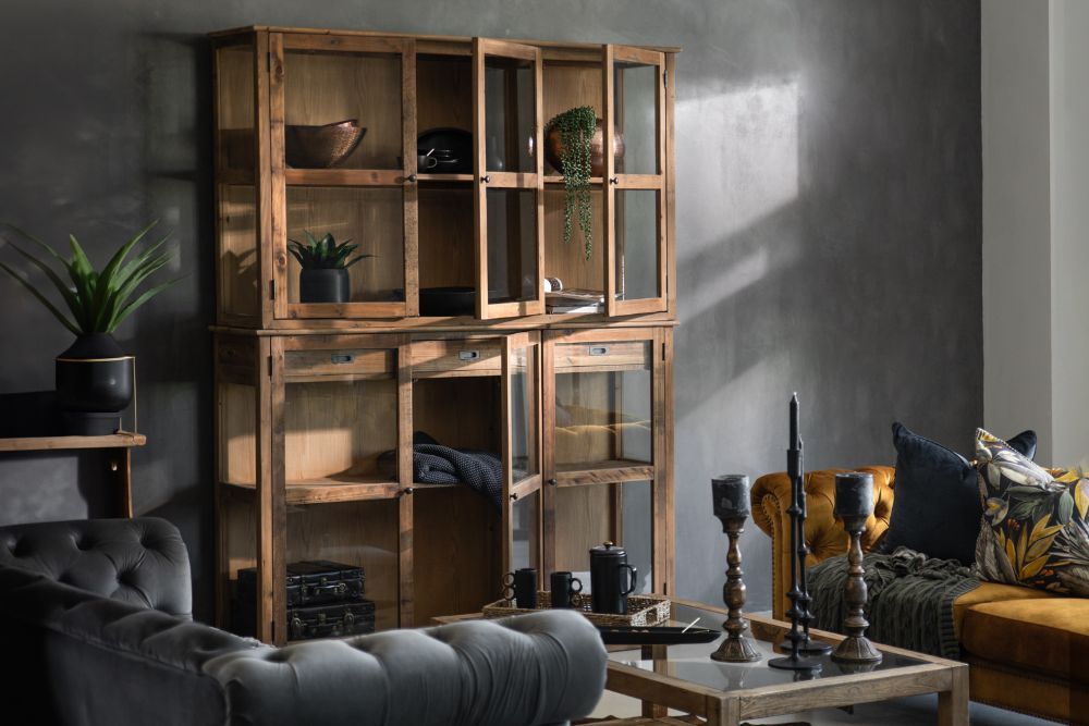 Fenetry Display Unit Solid Fir Wood Room Divider with Glass Doors