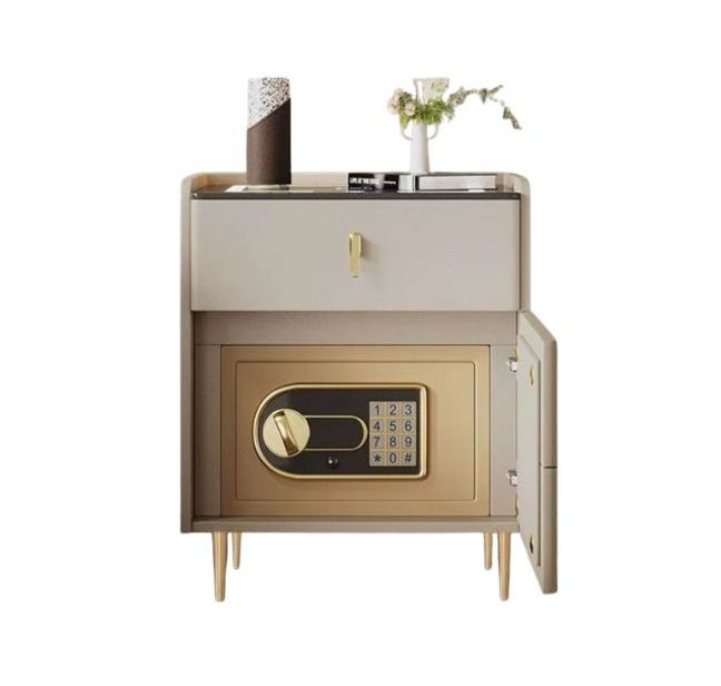 Modern Bedside Table with Digital Safe Lock, Grey and Gold, Storage Drawer