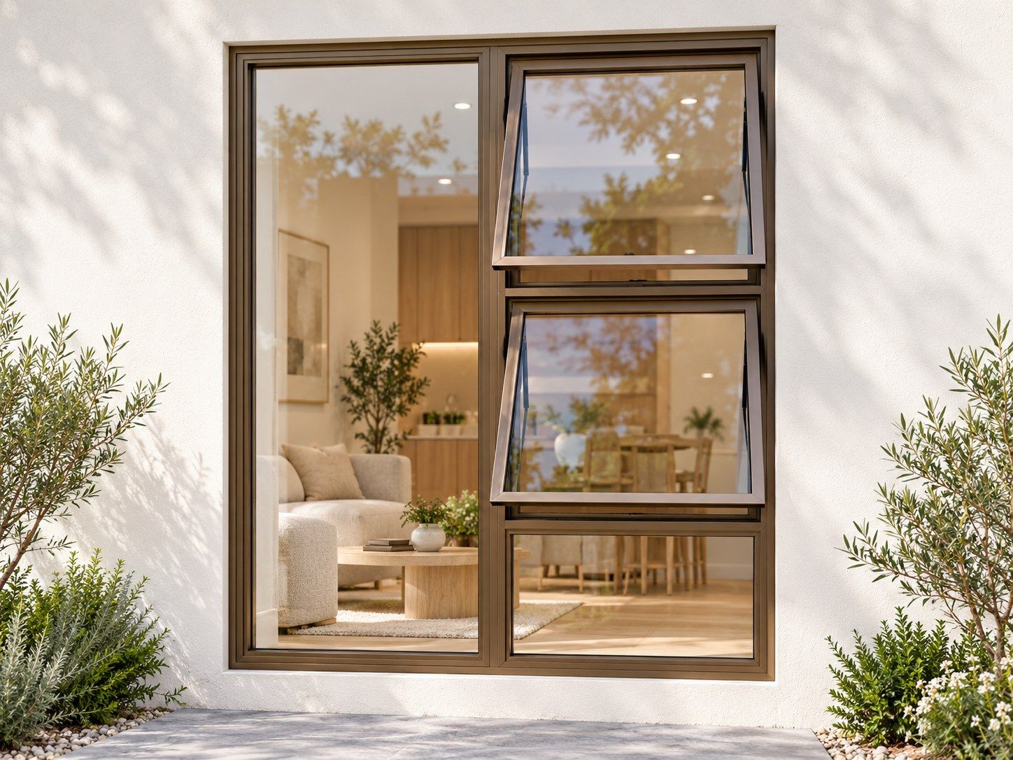Kenzo Premium Top-Hung Aluminium Window - Bronze, 1200 1500 mm, Right Two Openers with Fixed Lower and Side Panes, Clear Glass