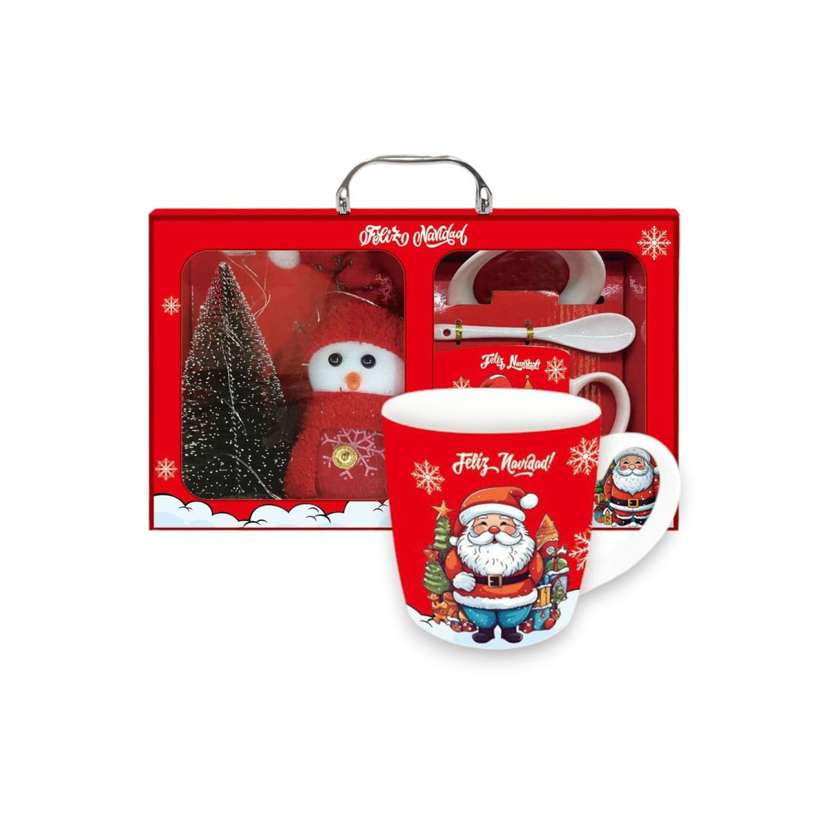 Red Merry Christmas Gift Cup With Spoon, Saurcer and Snow Santa Doll