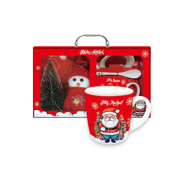 Red Merry Christmas Gift Cup With Spoon, Saurcer and Snow Santa Doll