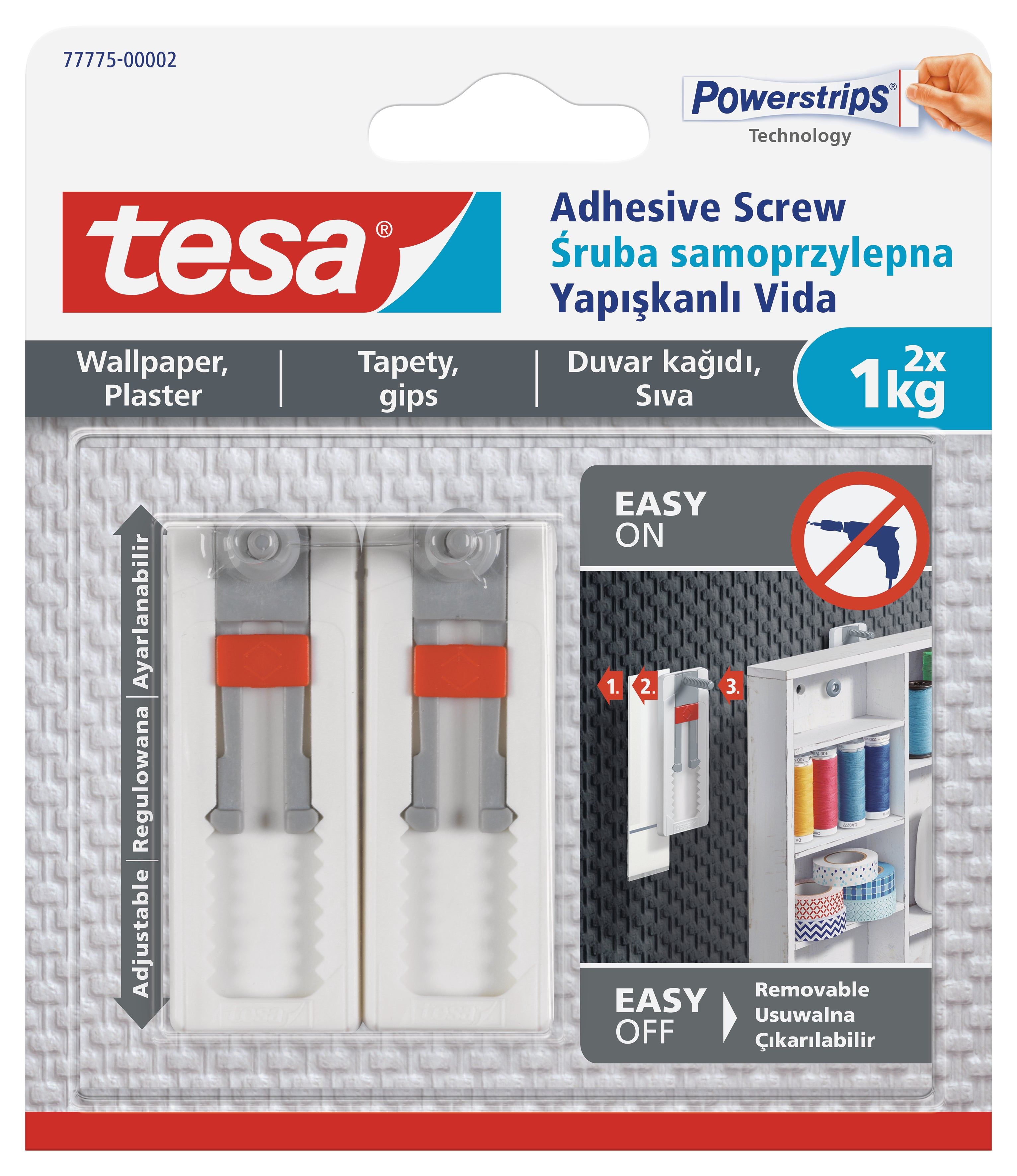 TESA Adhesive Screw Adjustable 2x1kg - Sensitive Surfaces - Wallpaper and Plaster