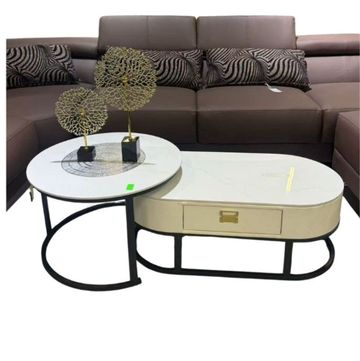 Modern Coffee Table Set, White Gloss Finish, 2 Nesting Tables with Storage Drawer, Black Metal Base