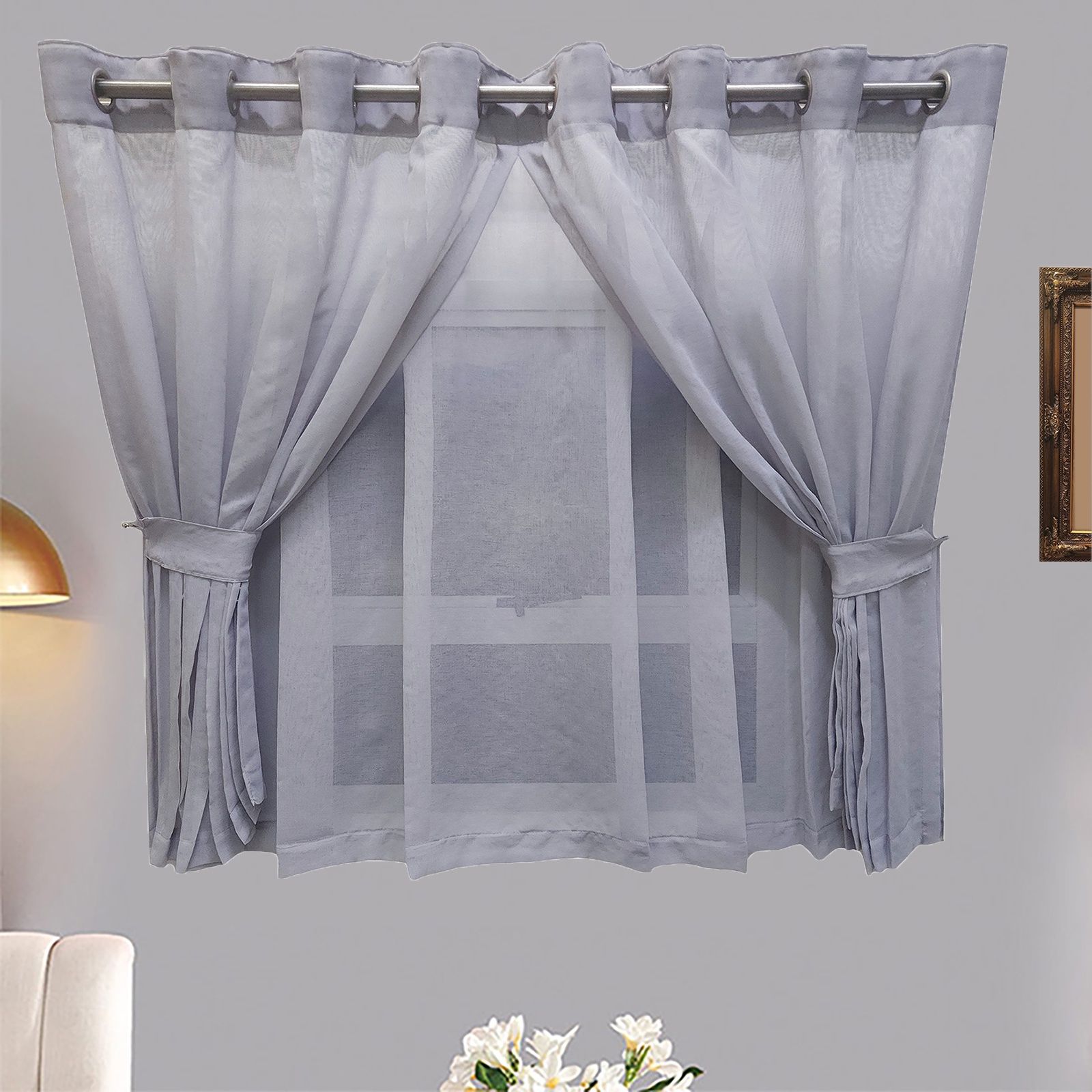 Matoc Designs Curtain -  Café Double Layer - Mystic Voile - Dove - Eyelet - 300cm W x 123cm H