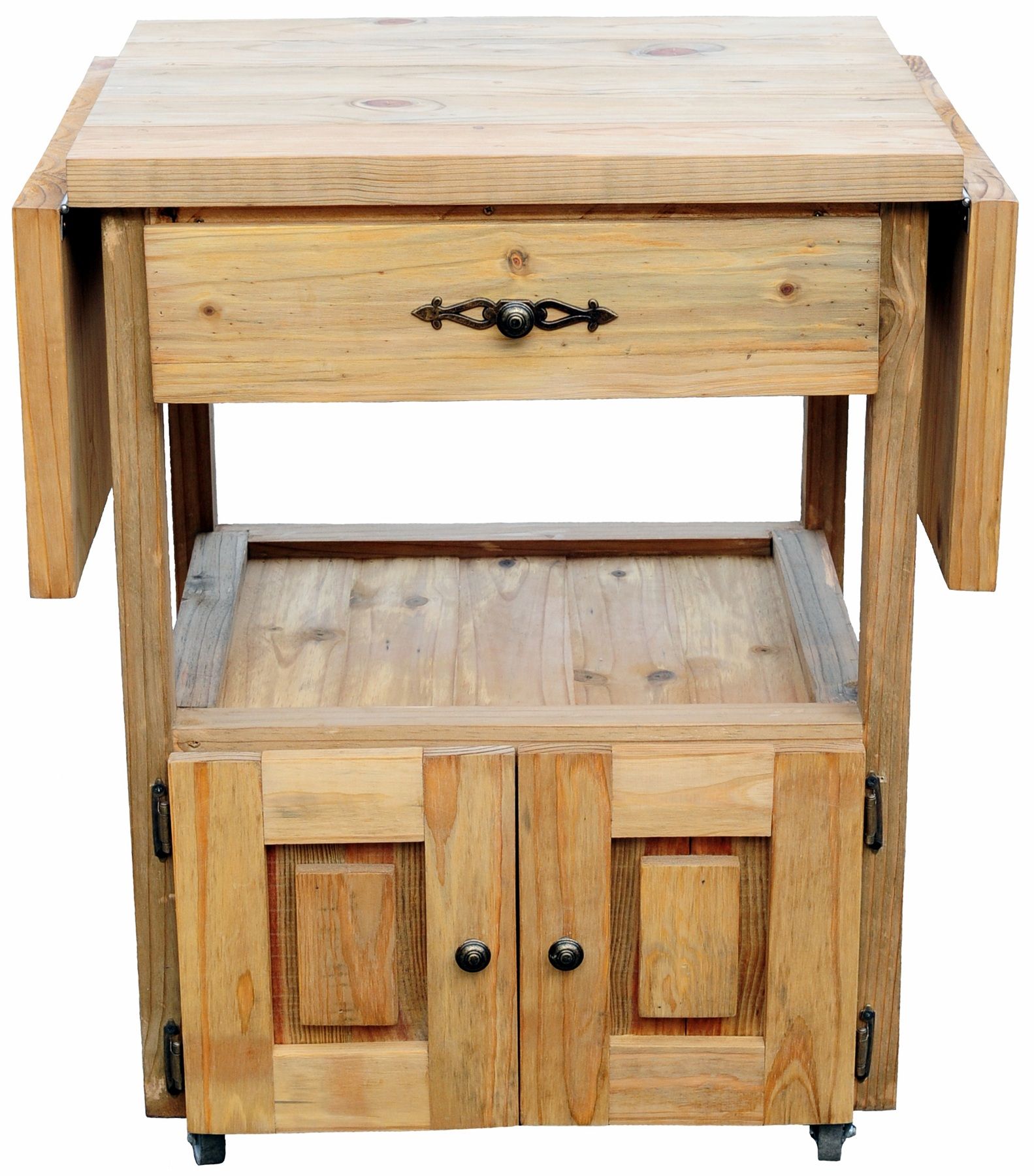 Rustic Wooden Braai Trolley with Fold-Out Side Shelves