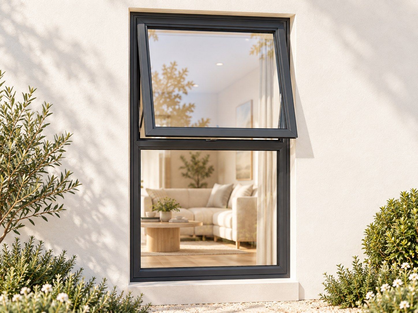 Kenzo Premium Top-Hung Aluminium Window - Charcoal, 600 1200 mm, Upper Opener with Fixed Lower Pane, Clear Glass