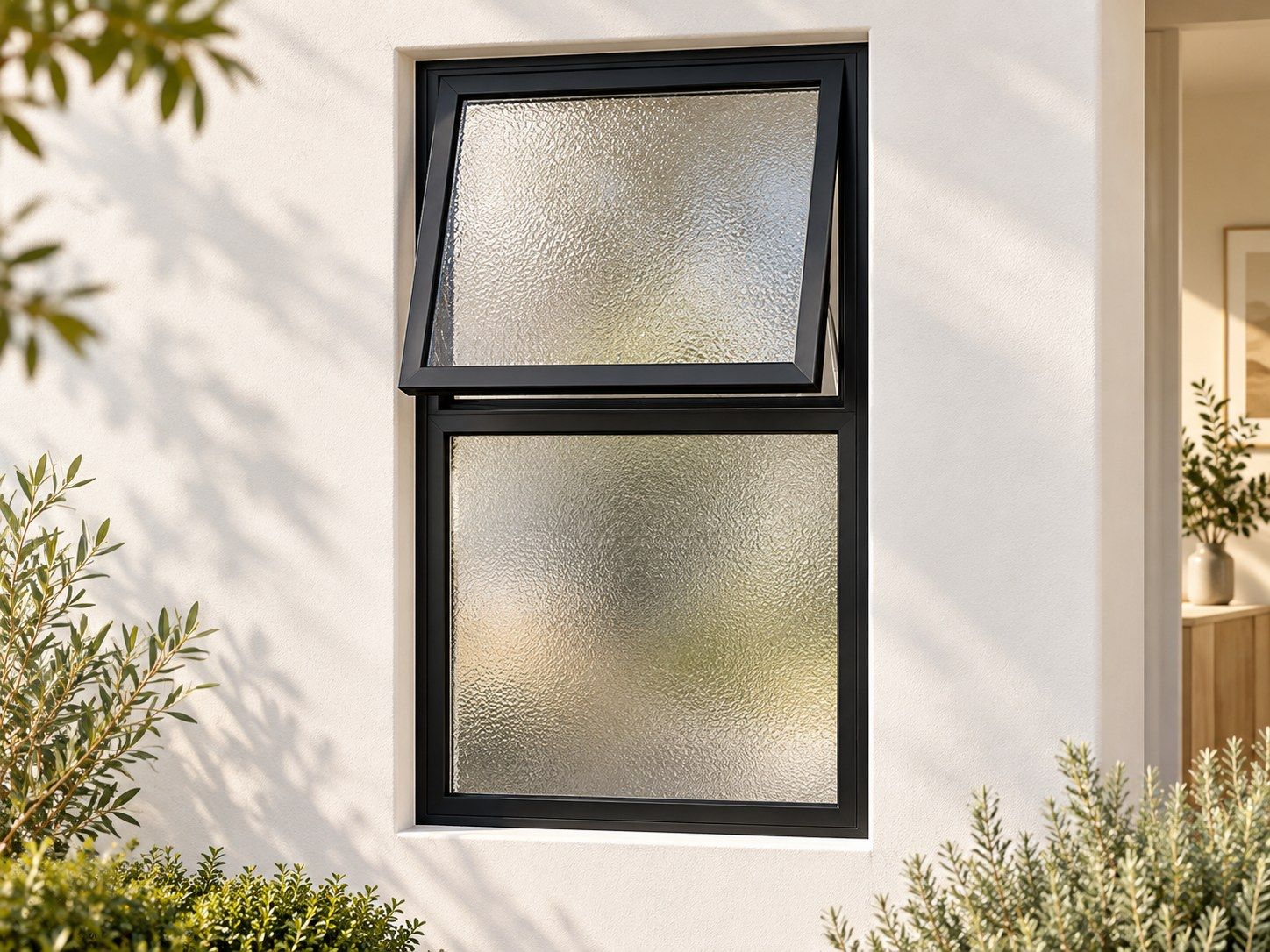 Kenzo Premium Top-Hung Aluminium Window - Black, 600 1200 mm, Upper Opener with Fixed Lower Pane, Obscure Safety Glass