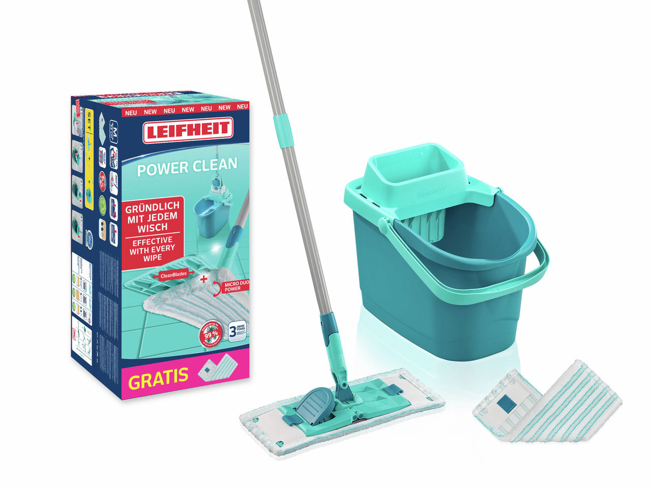 Leifheit PowerClean - Med Floor Mop & Bucket Set with Extra Wiper Cover