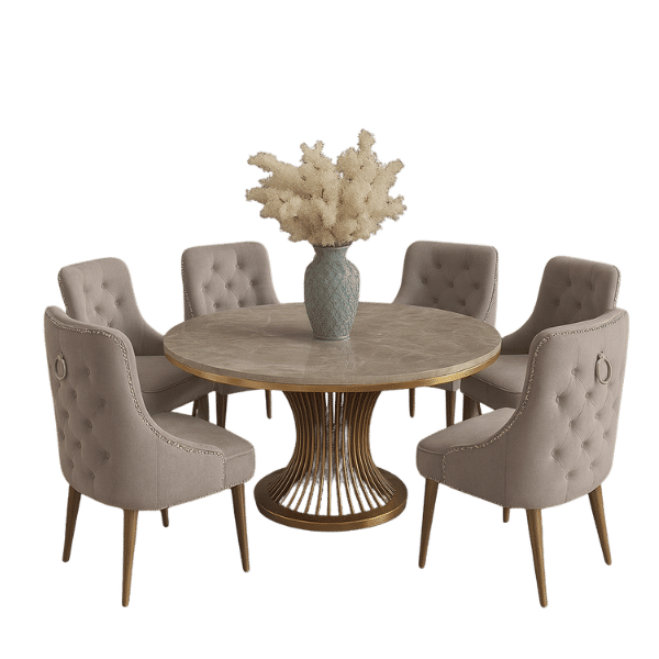 Beige Velvet & Gold Marble 6-Seater Dining Set